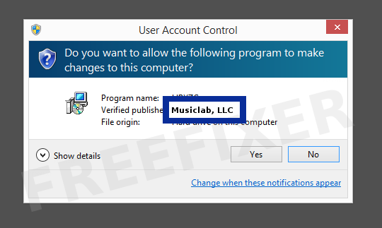 Screenshot where Musiclab, LLC appears as the verified publisher in the UAC dialog